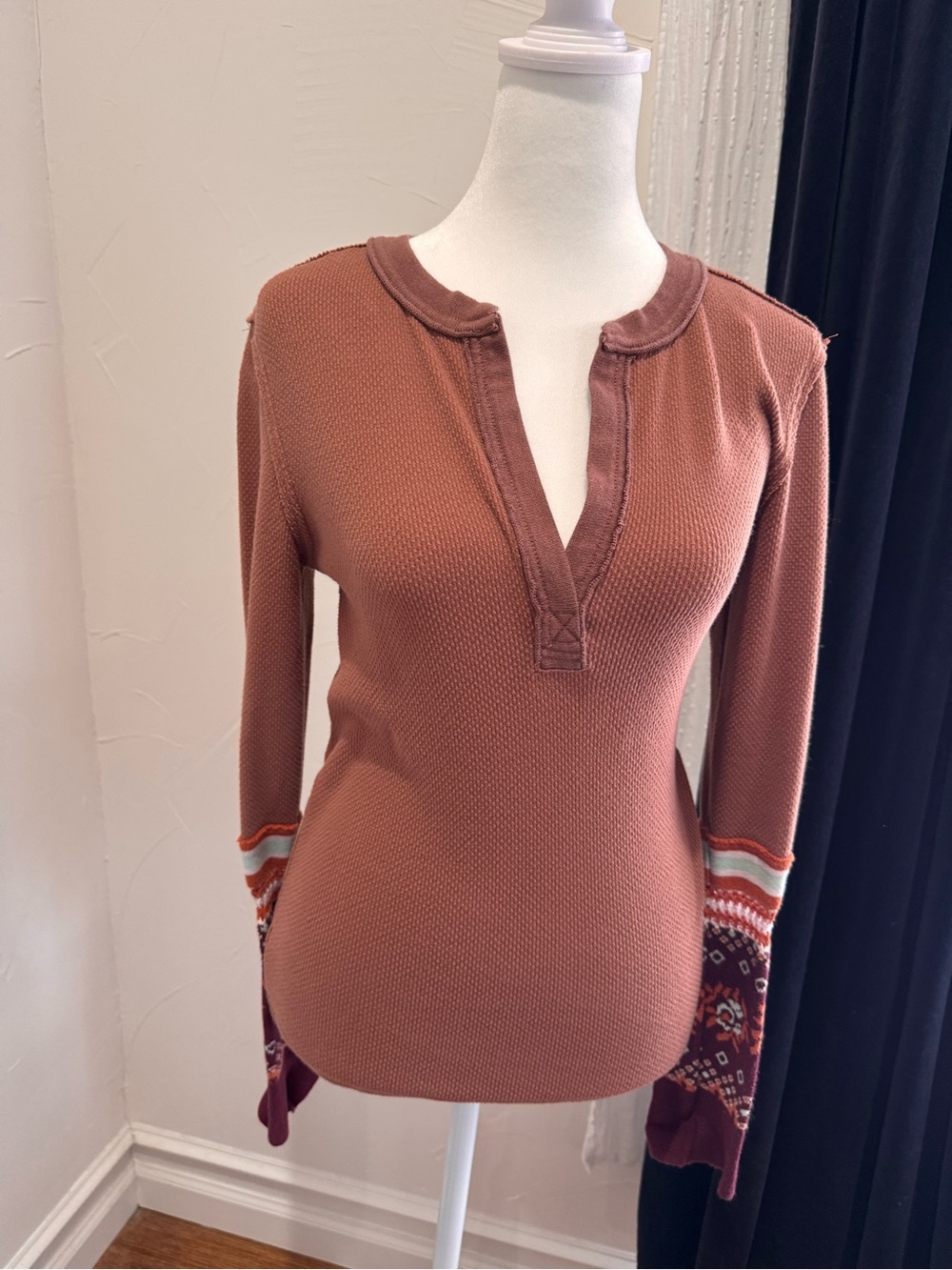 We the Free Rust Knit Henley Top with Patterned Cuffs